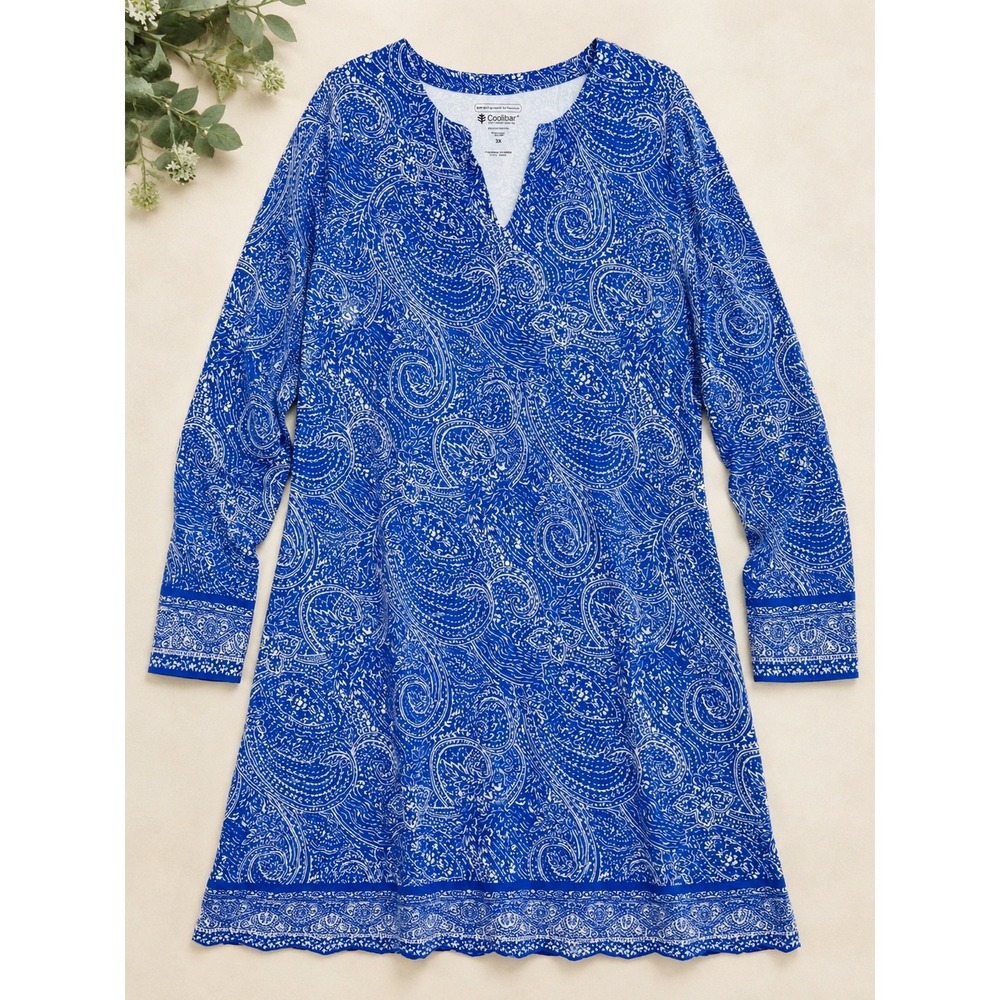 Coolibar Oceanside L/S UPF 50+ Dress — 3X — Blue & White Paisley